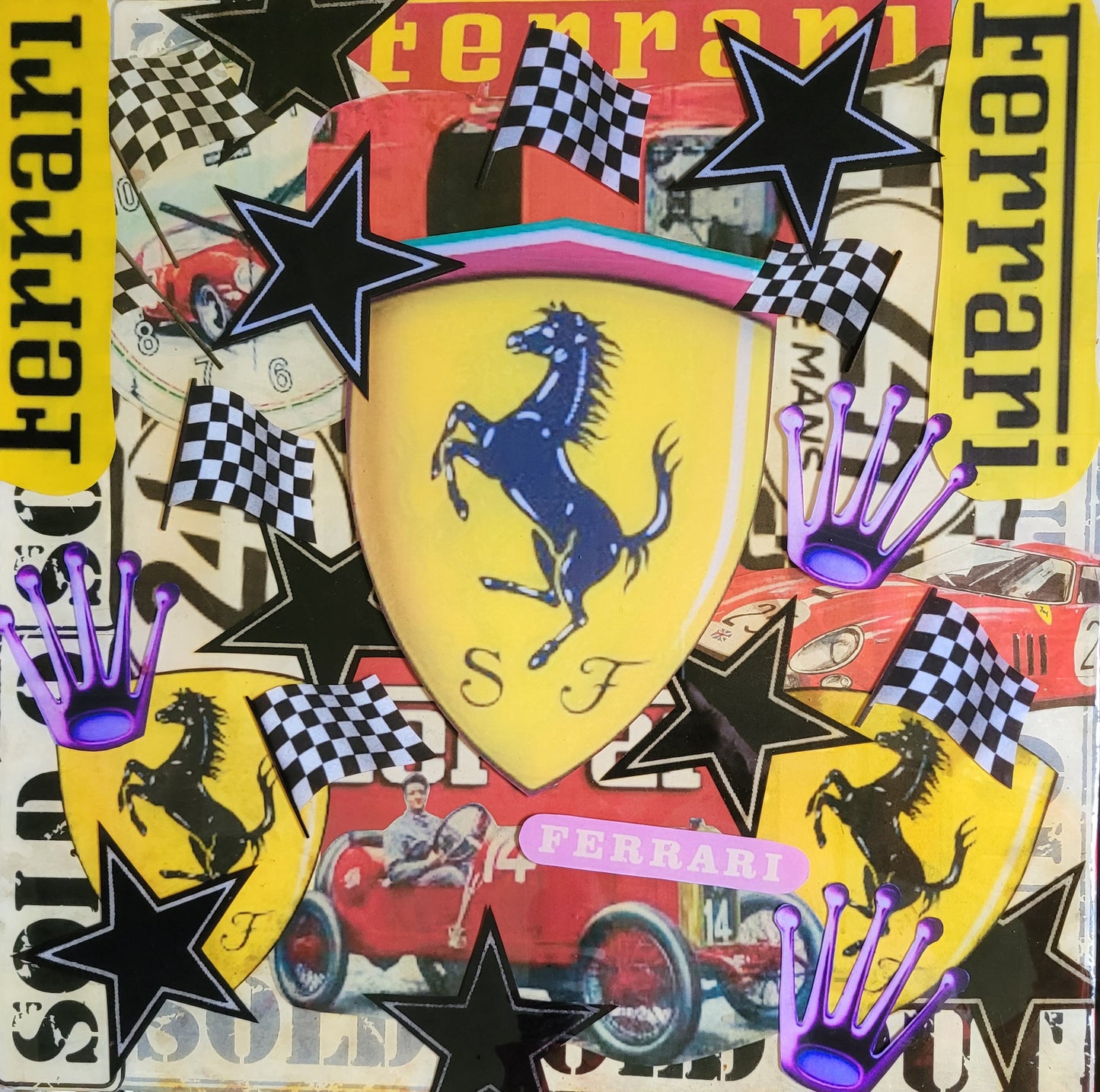 FERRARI RETRO.             Tableau Art Automobile sur toile réalisé par RSPK.      Œuvre originale inspirée de l'univers FERRARI, technique mixte, série vintage, certificat d'authenticité fourni.