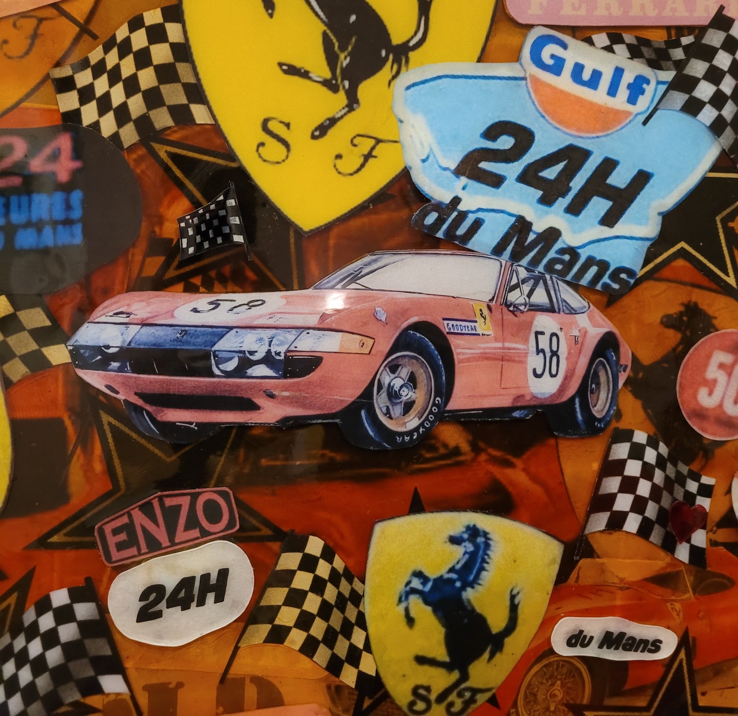 FERRARI 24H.                 Tableau Art Automobile sur toile réalisé par RSPK.      Œuvre originale inspirée de l'univers FERRARI, technique mixte, série vintage, certificat d'authenticité fourni.