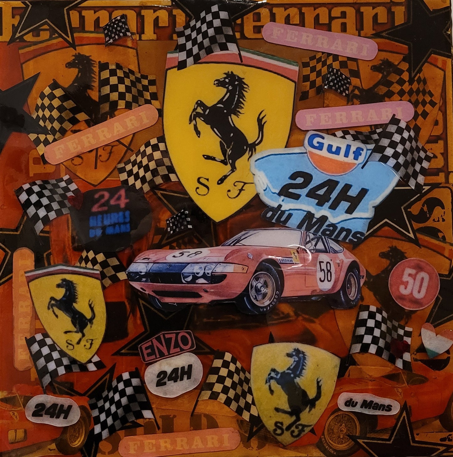 FERRARI 24H.                 Tableau Art Automobile sur toile réalisé par RSPK.      Œuvre originale inspirée de l'univers FERRARI, technique mixte, série vintage, certificat d'authenticité fourni.
