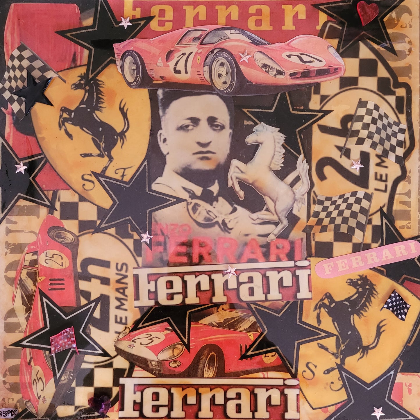 ENZO LE BOSS.               Tableau Art Automobile sur toile réalisé par RSPK.      Œuvre originale inspirée de l'univers FERRARI, technique mixte, série vintage, certificat d'authenticité fourni.             Dim hors cadre 50x50cm