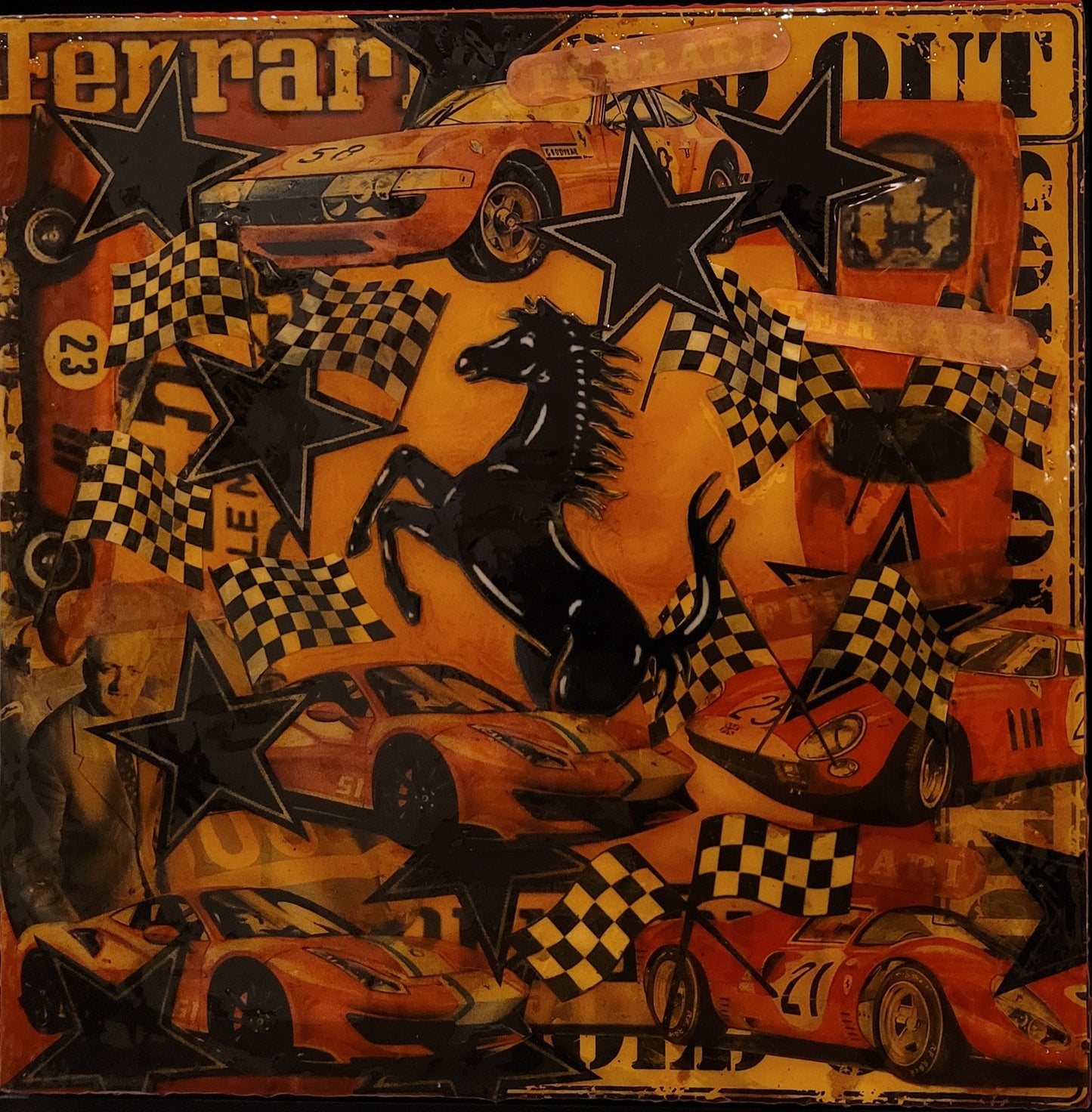 CAVALLINO FERRARI     Tableau Art Automobile sur toile réalisé par RSPK.      Œuvre originale inspirée de l'univers FERRARI, technique mixte, série vintage, certificat d'authenticité fourni.